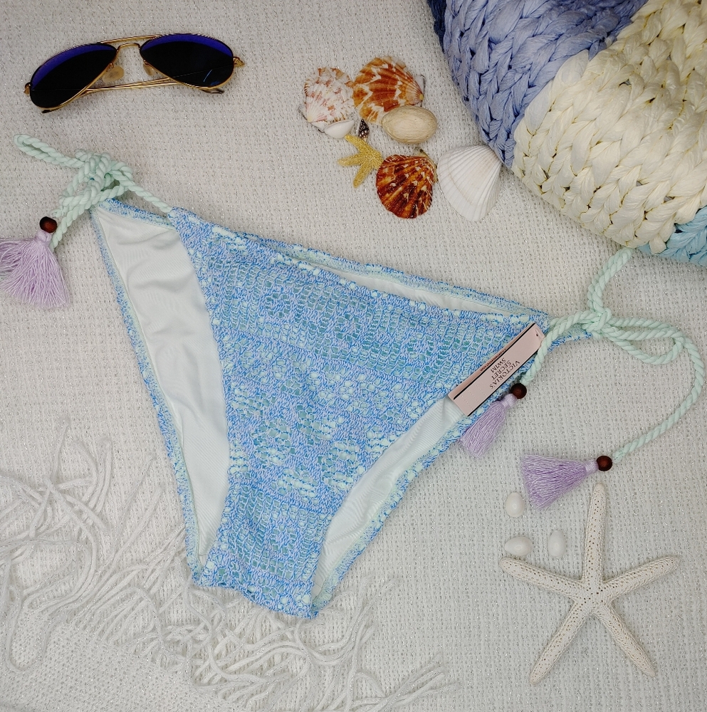 VICTORIA'S SECRET Crochet Lace Overlay String Bikini Bottom, Blue & Mint M